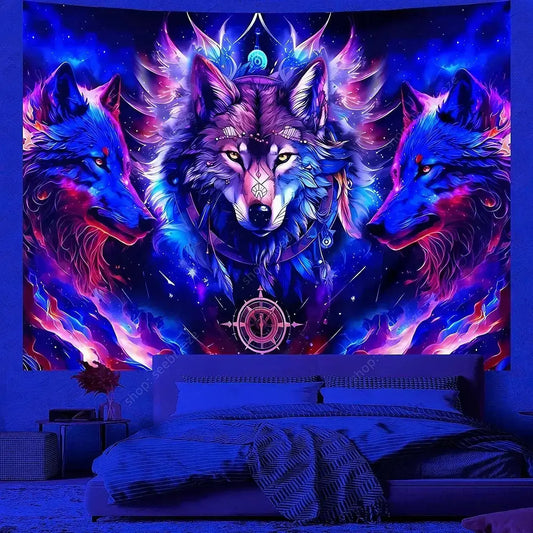 Psychedelic Wolf Wall Tapestry – UV Reactive Art Decor