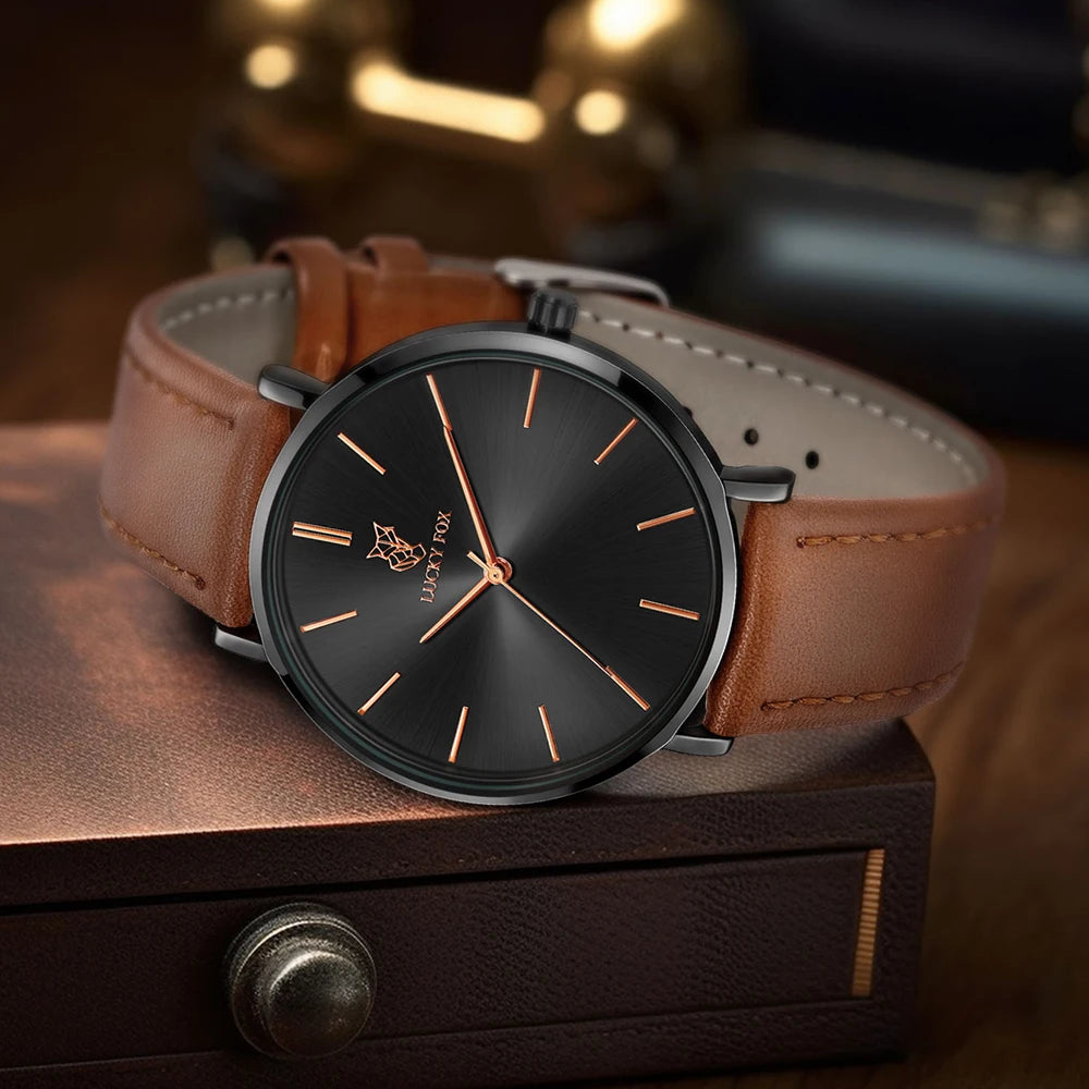 LUCKY FOX | Luxury Round-Dial Quartz Watch for Men & Women — Leather Strap