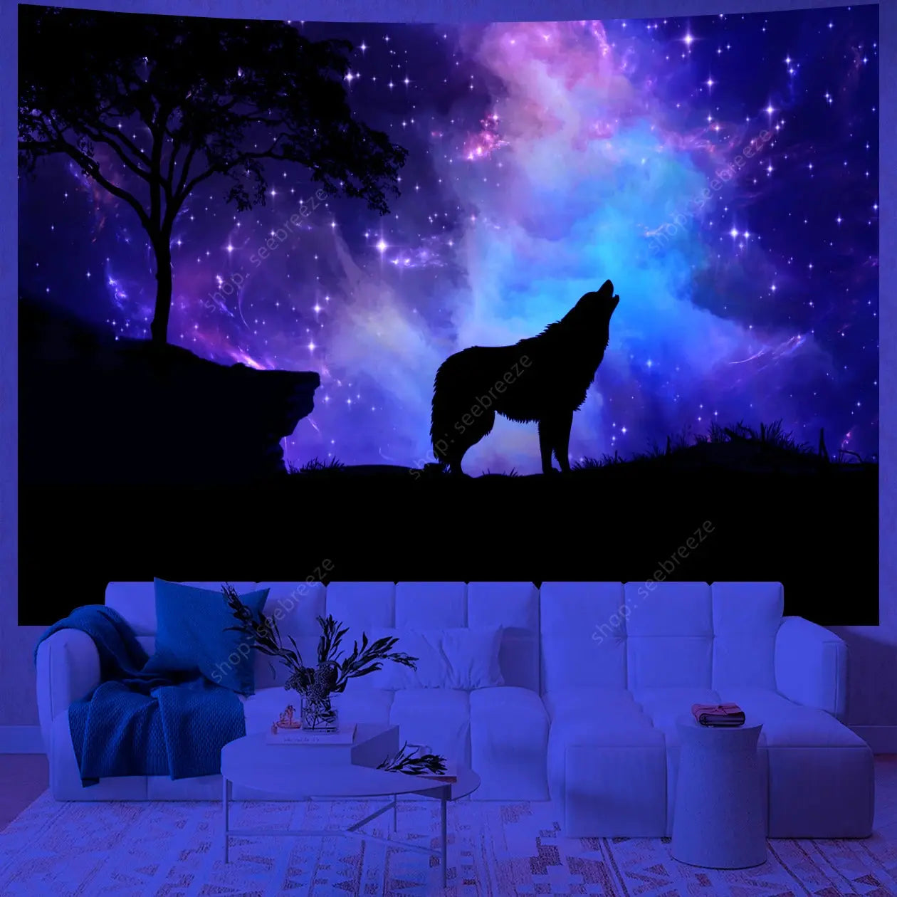 Psychedelic Wolf Wall Tapestry – UV Reactive Art Decor