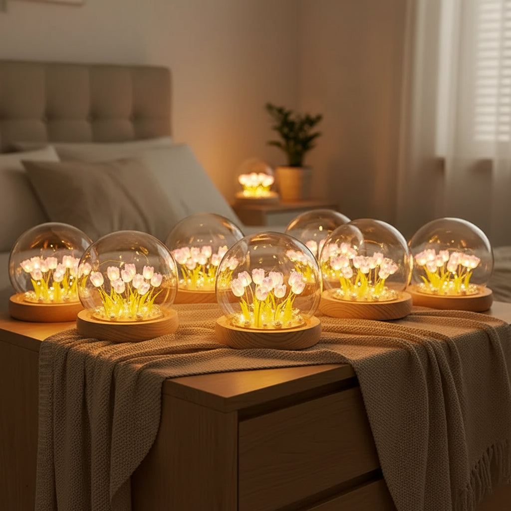 DIY Tulip Night Light Lamp With Glass Dome And Wooden Base