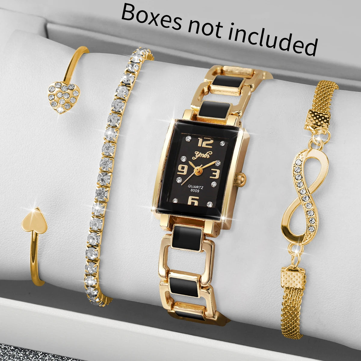 4-Piece Rhinestone Watch & Bracelet Set for Women — Elegant Square Dial, Quartz