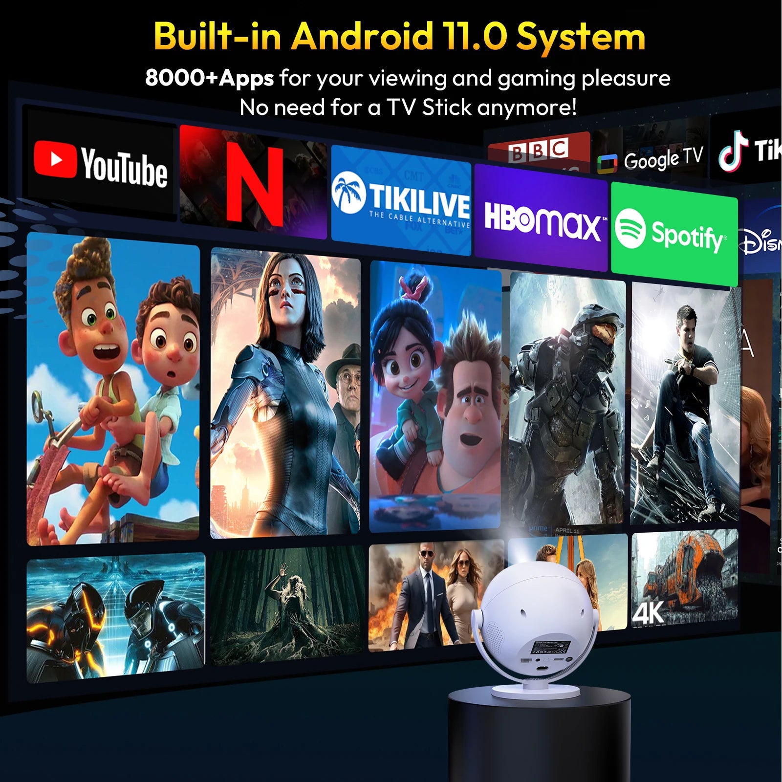 Portable Android Home Theater Projector 400 ANSI 4K Support