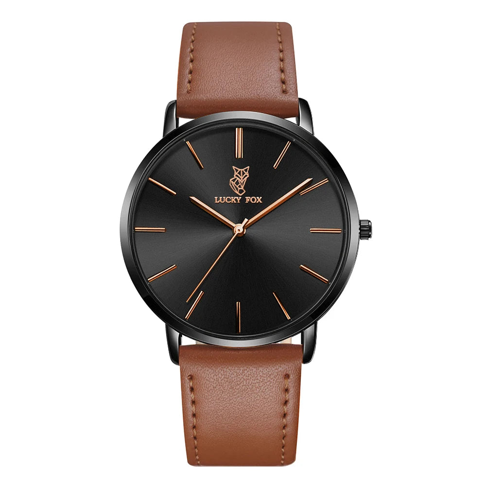 LUCKY FOX | Luxury Round-Dial Quartz Watch for Men & Women — Leather Strap