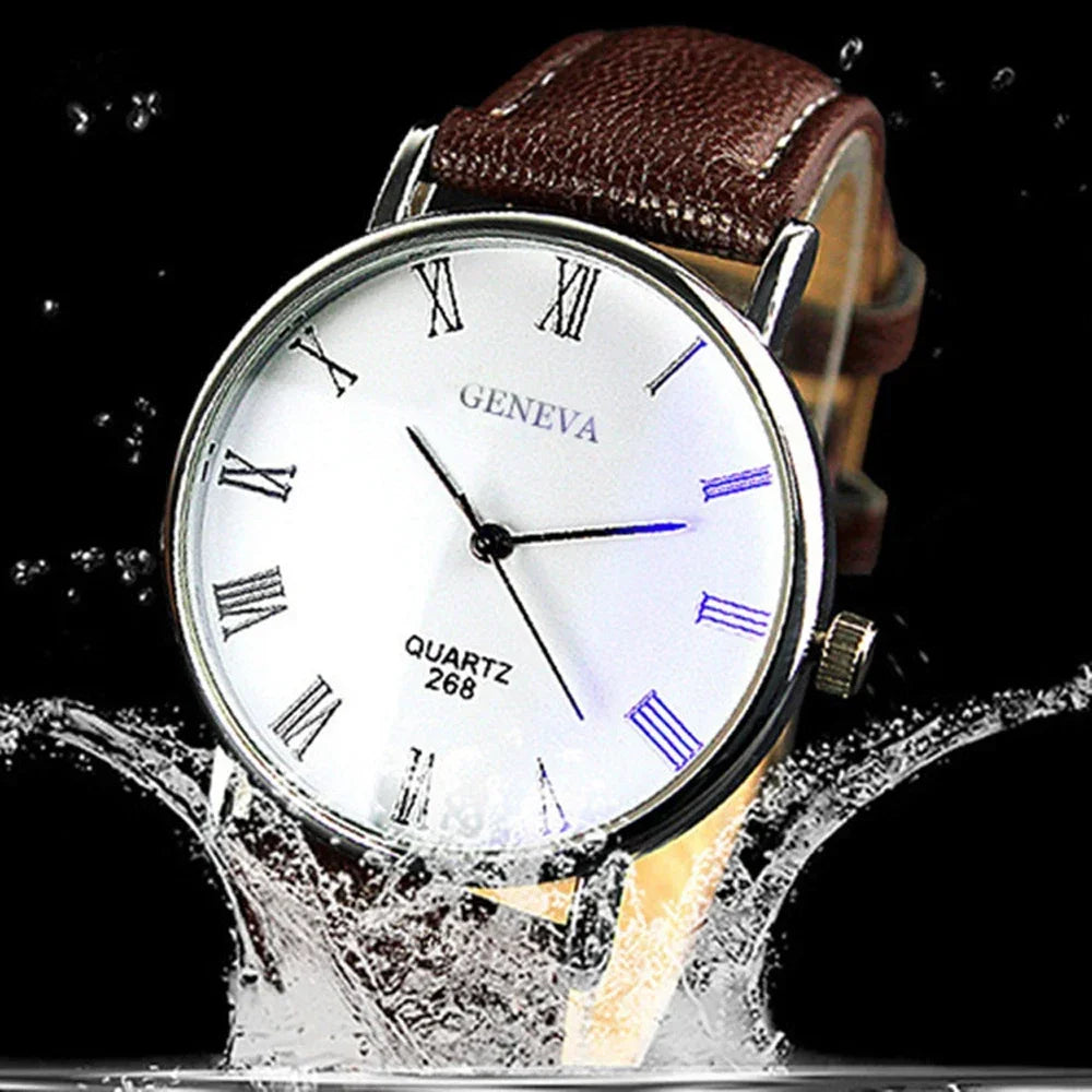 NOVIXA Classic Vintage Men's Watch — Roman Numerals, Blu-Ray Glass & Leather Strap