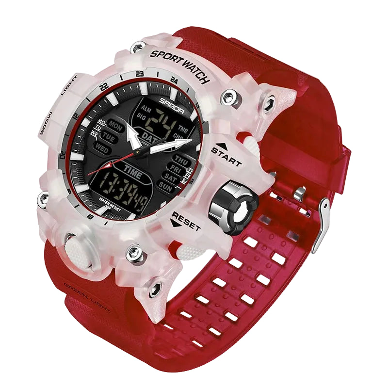 Red and white sports watch with digital display on a white background