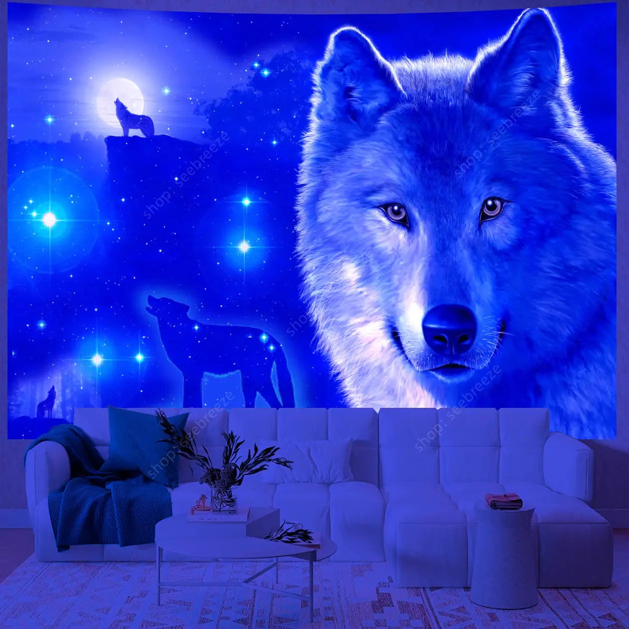Psychedelic Wolf Wall Tapestry – UV Reactive Art Decor