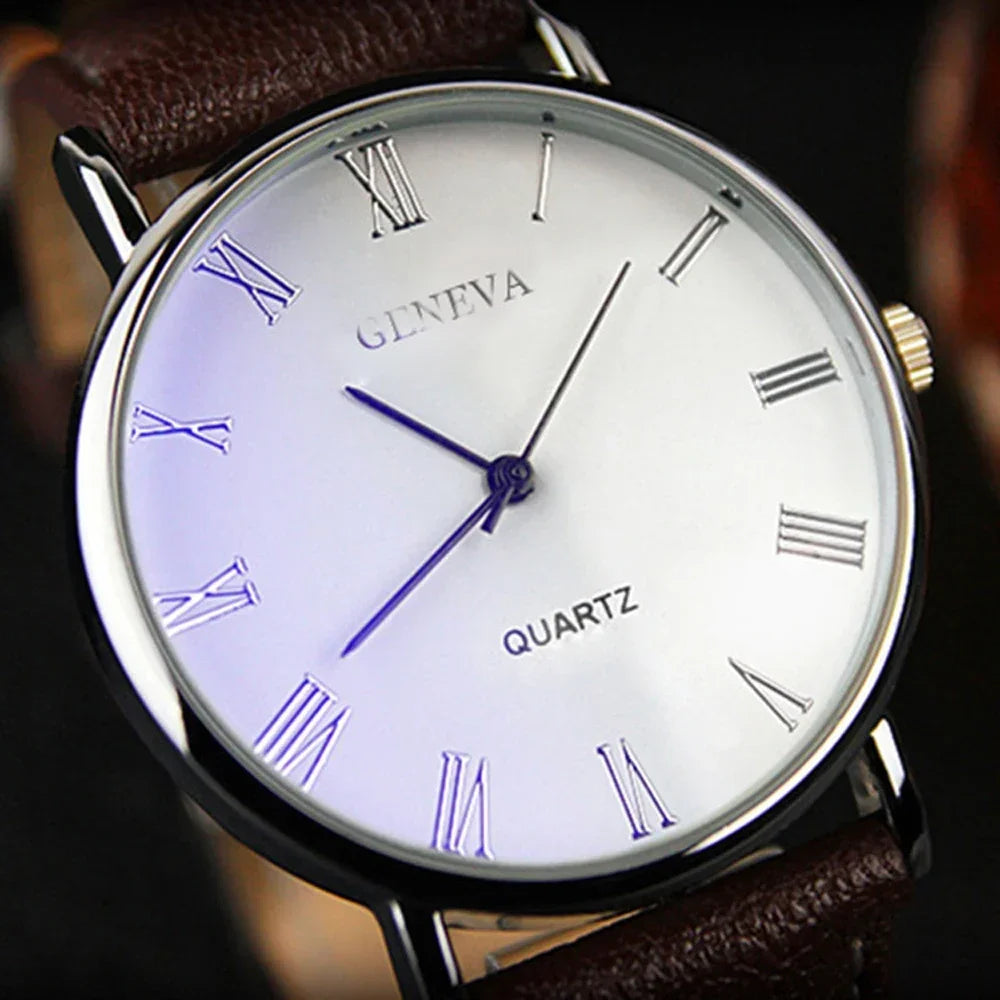 NOVIXA Classic Vintage Men's Watch — Roman Numerals, Blu-Ray Glass & Leather Strap