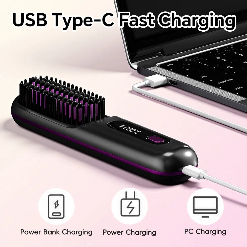 Rechargeable Ionic Hair Straightener Brush – 3 Heat Settings