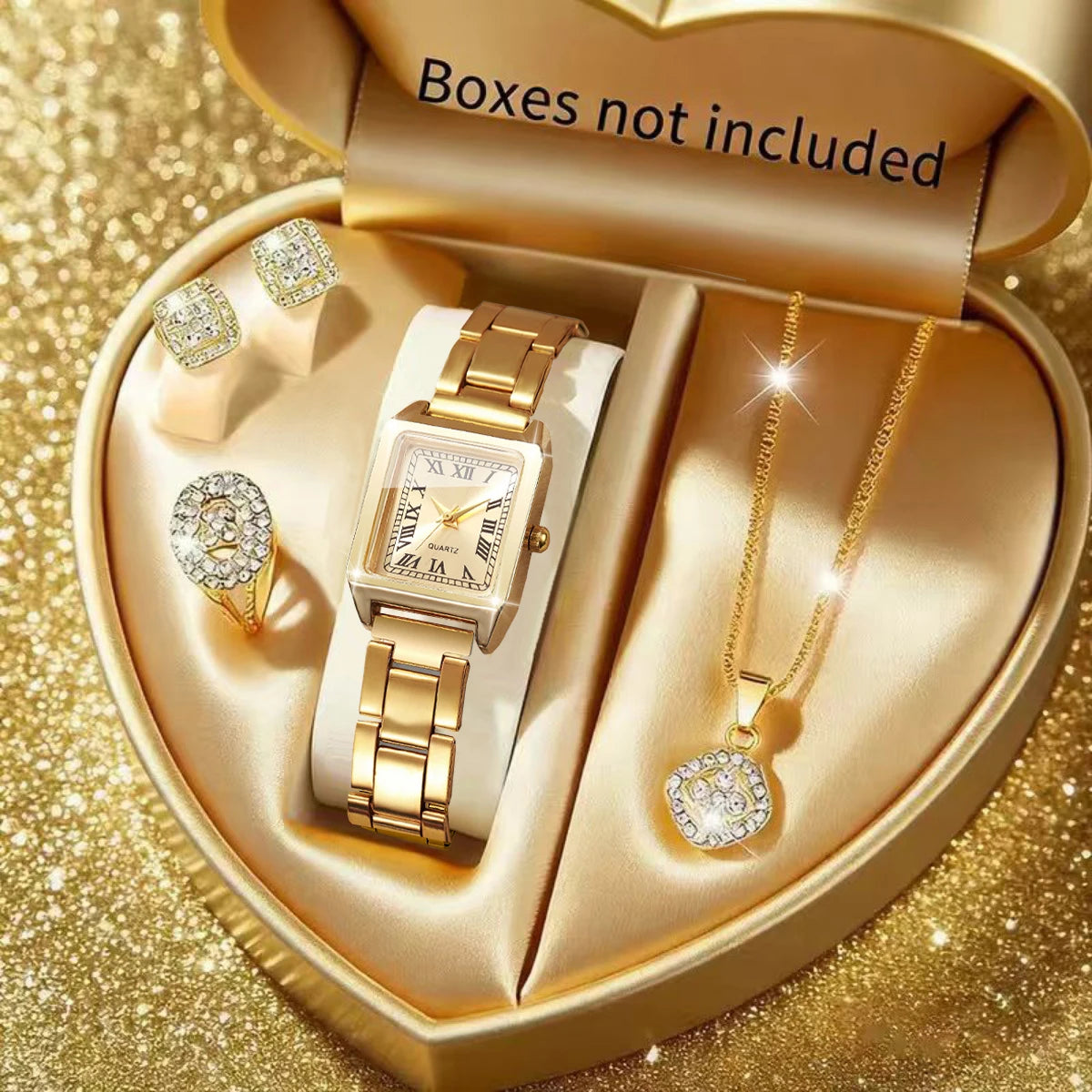 5-Piece Rhinestone Jewelry Watch Set for Women — Square Dial, Quartz, Gold & Silver