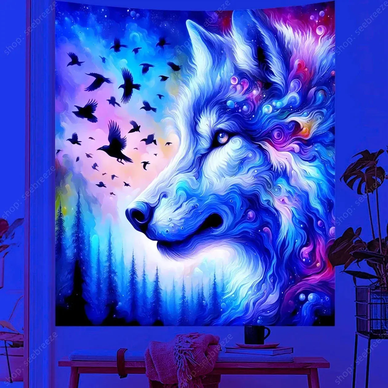 Psychedelic Wolf Wall Tapestry – UV Reactive Art Decor