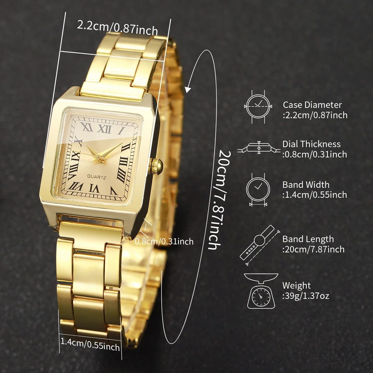 5-Piece Rhinestone Jewelry Watch Set for Women — Square Dial, Quartz, Gold & Silver