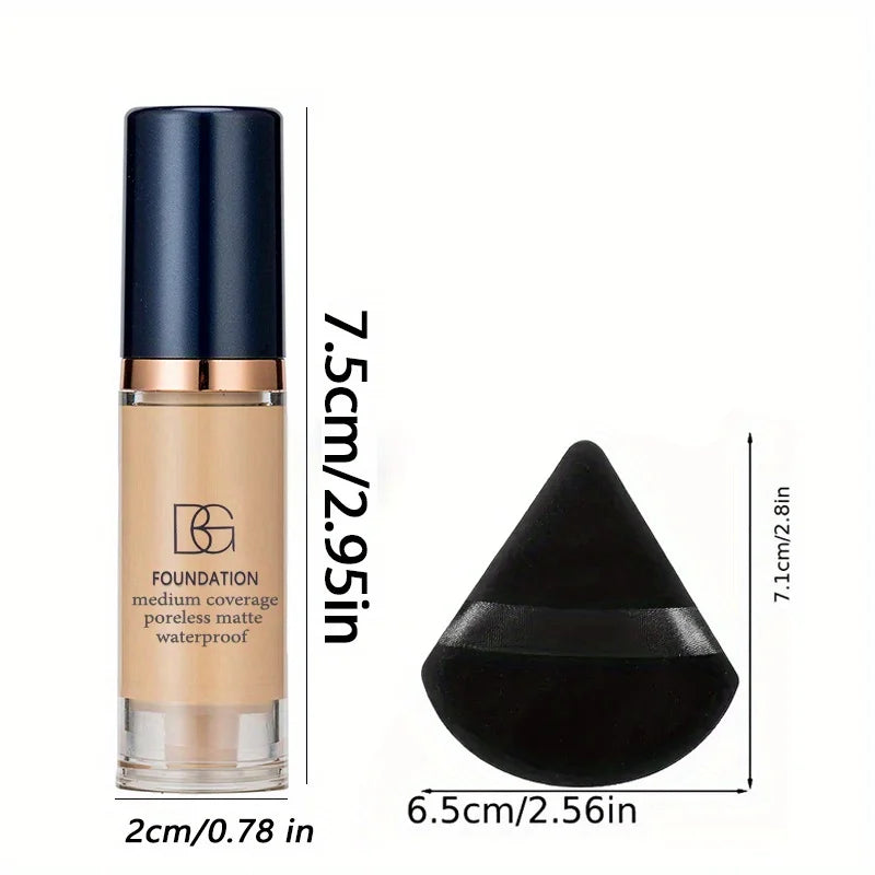 2Pcs Full Coverage Waterproof Liquid Foundation&Black Triangular Powder Puff-LongLasting Matte Finish Dark Circle&Blemish Cover