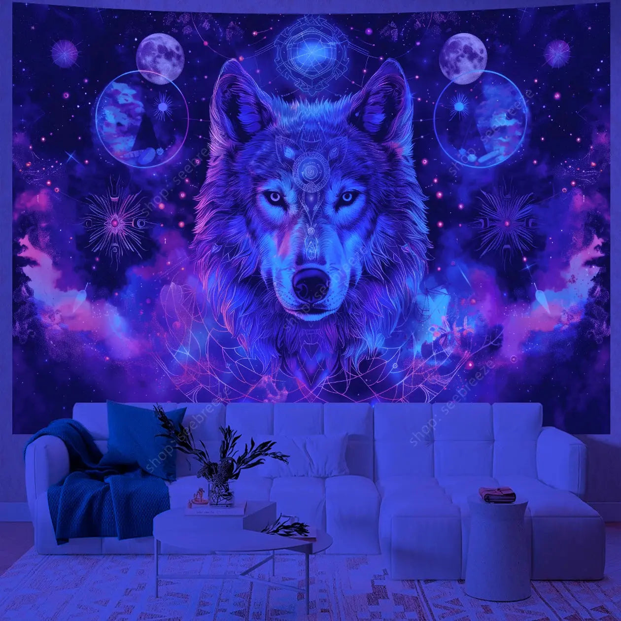 Psychedelic Wolf Wall Tapestry – UV Reactive Art Decor