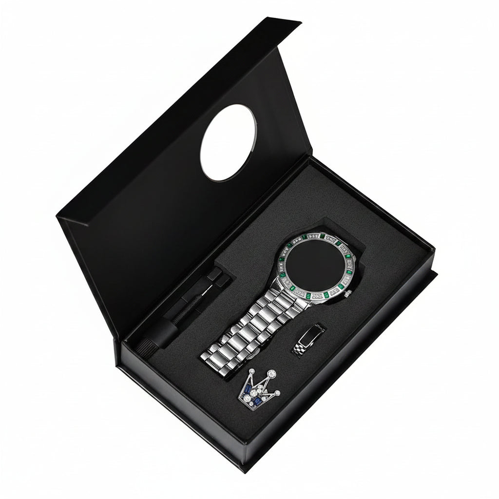 Black watch and pen set in a branded box on a white background