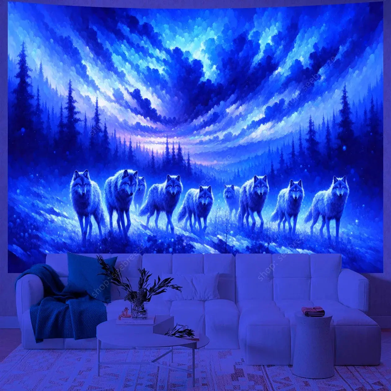 Psychedelic Wolf Wall Tapestry – UV Reactive Art Decor