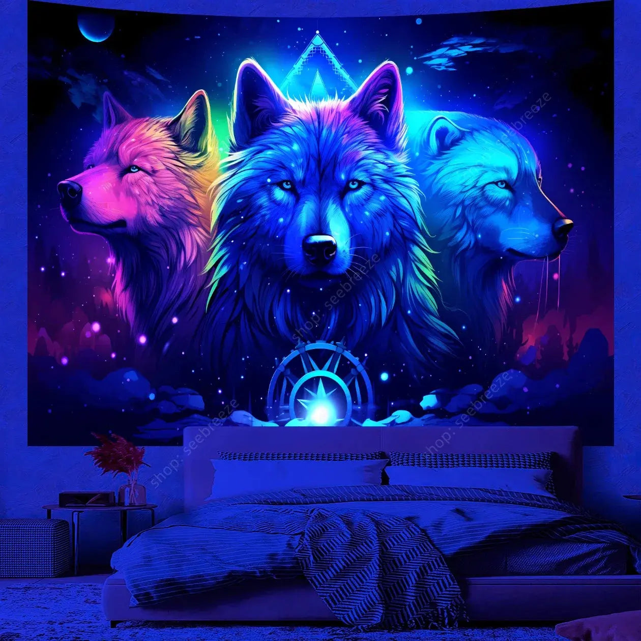 Psychedelic Wolf Wall Tapestry – UV Reactive Art Decor