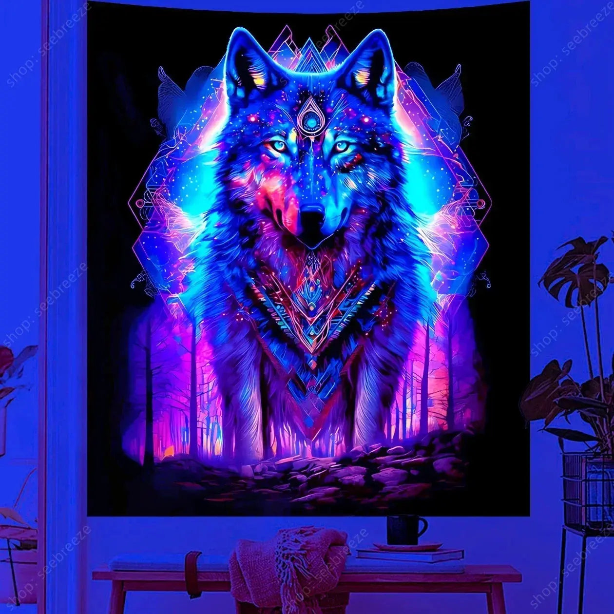 Psychedelic Wolf Wall Tapestry – UV Reactive Art Decor