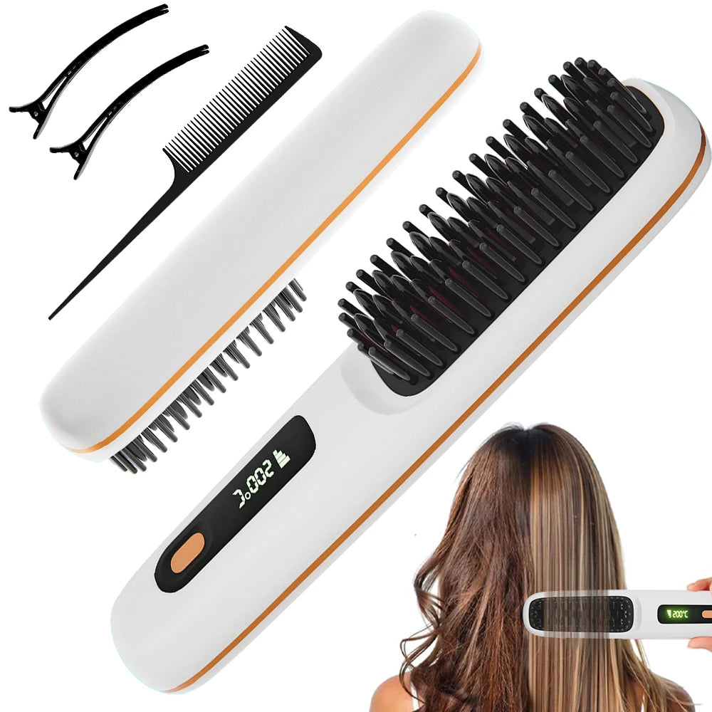 Rechargeable Ionic Hair Straightener Brush – 3 Heat Settings