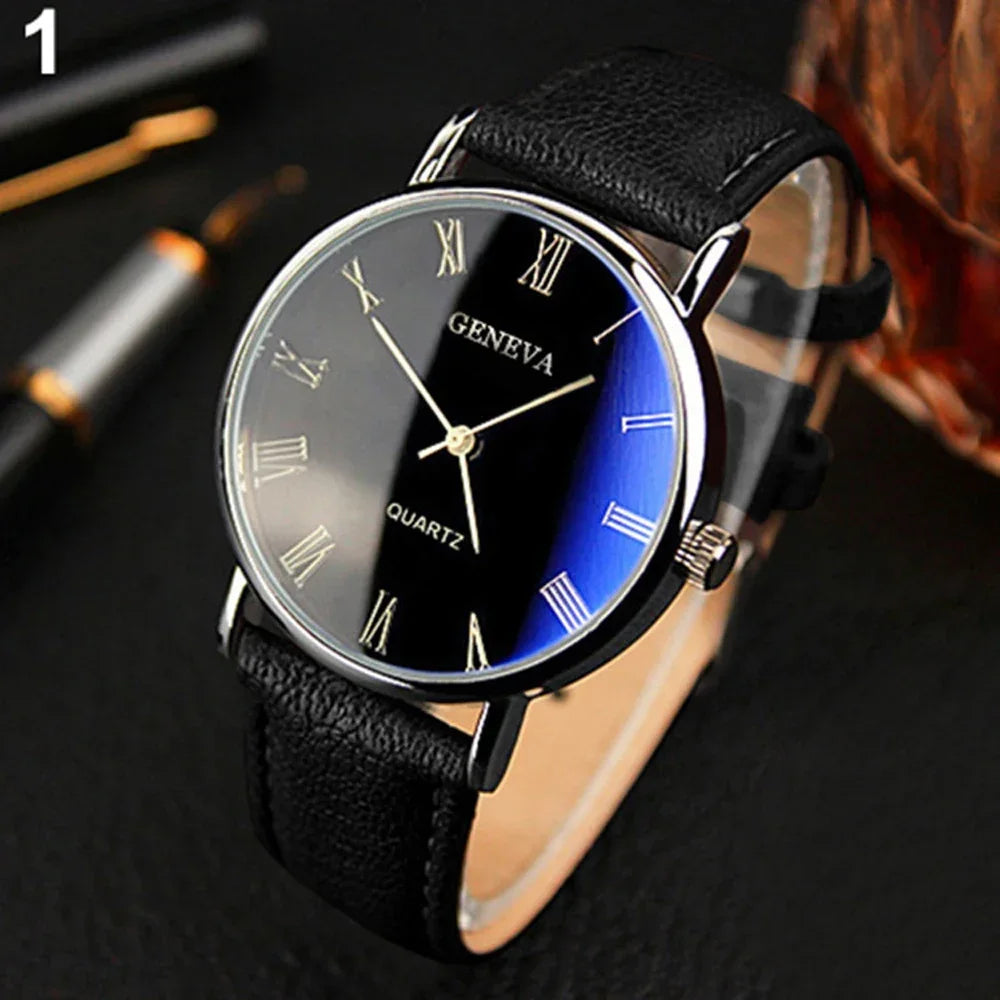 NOVIXA Classic Vintage Men's Watch — Roman Numerals, Blu-Ray Glass & Leather Strap