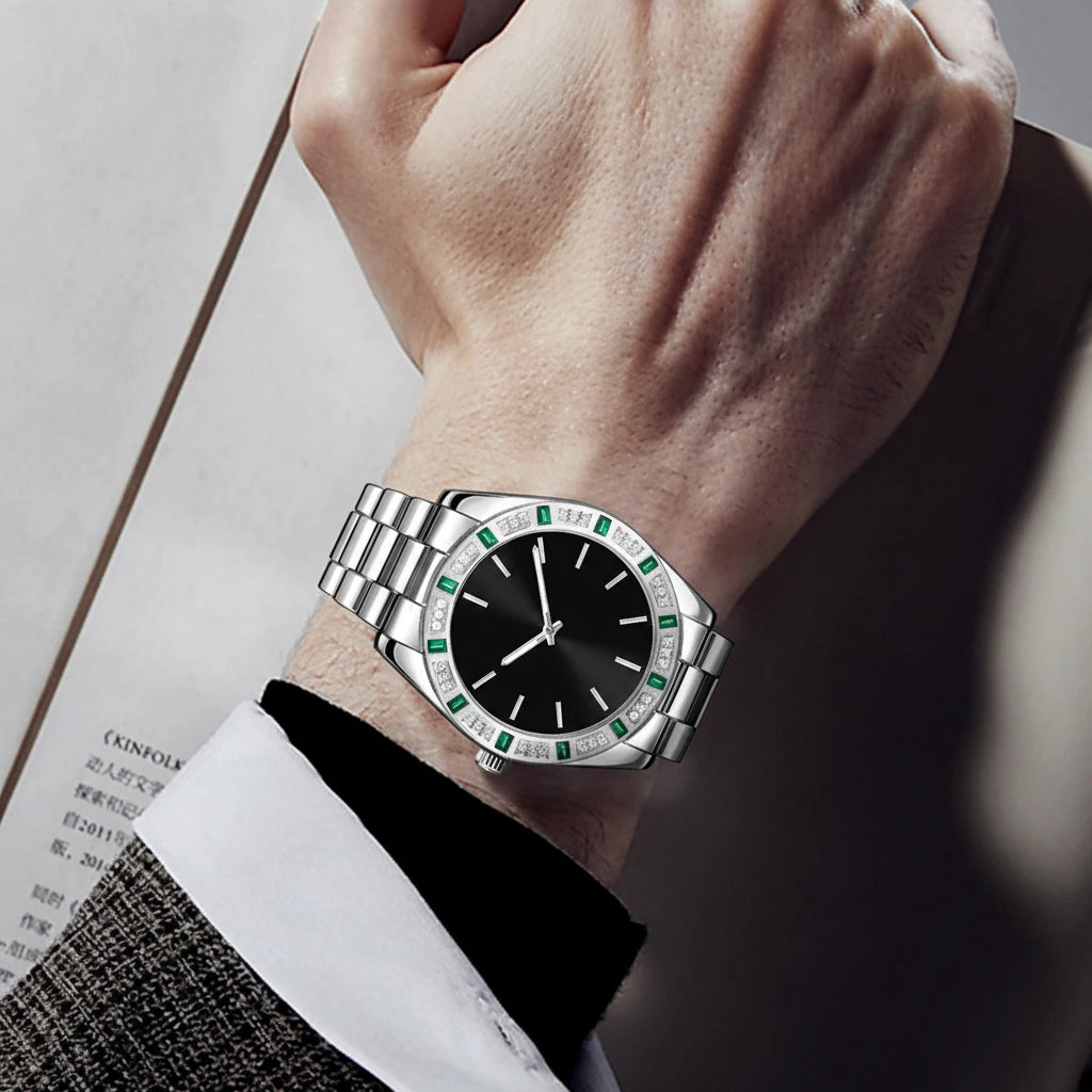 Luxury watch with green accents on a wrist, blurred background