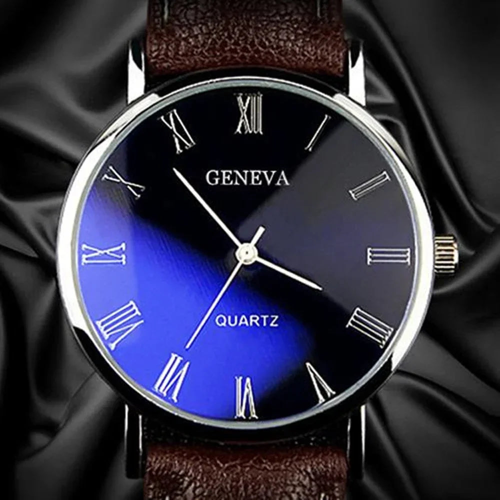 NOVIXA Classic Vintage Men's Watch — Roman Numerals, Blu-Ray Glass & Leather Strap