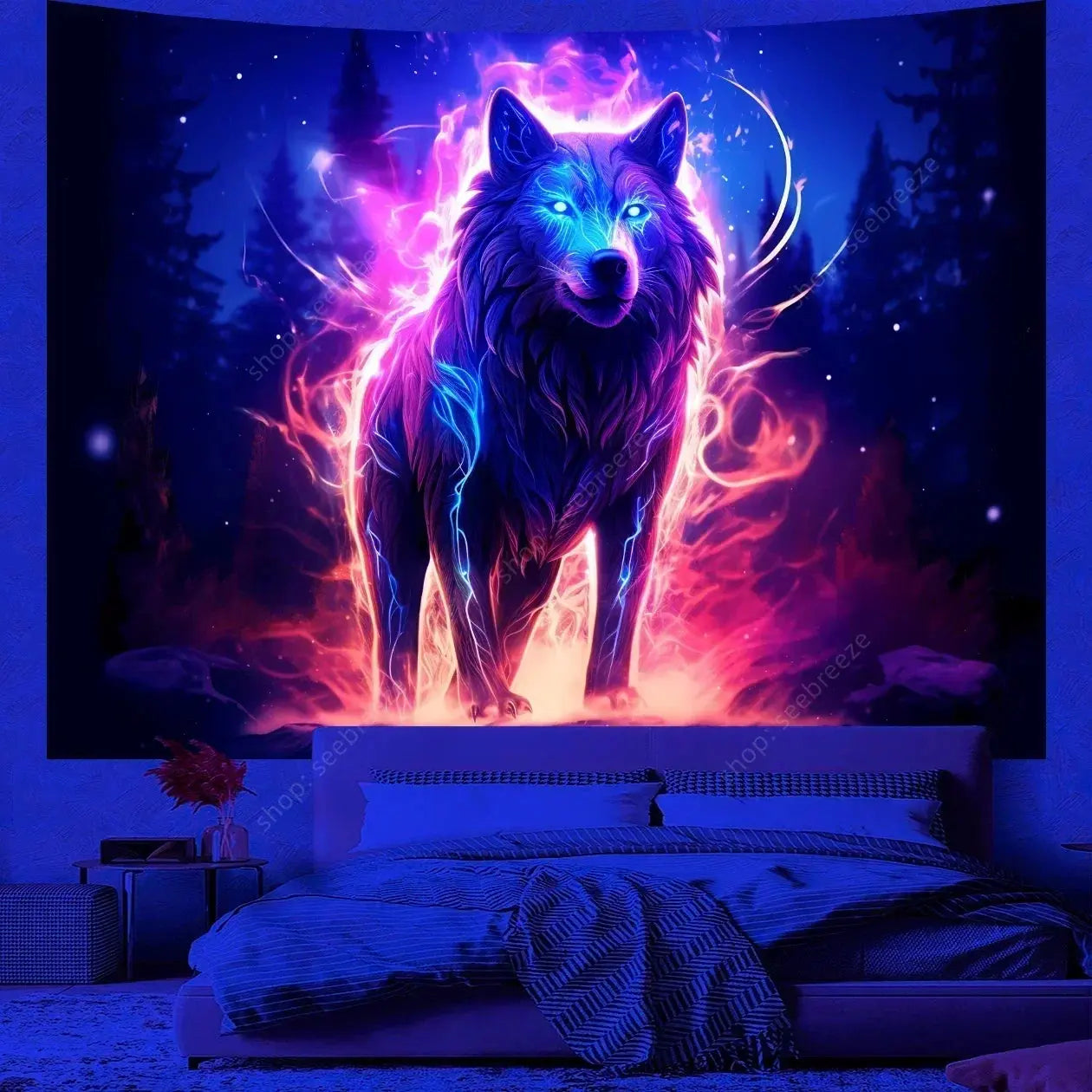 Psychedelic Wolf Wall Tapestry – UV Reactive Art Decor