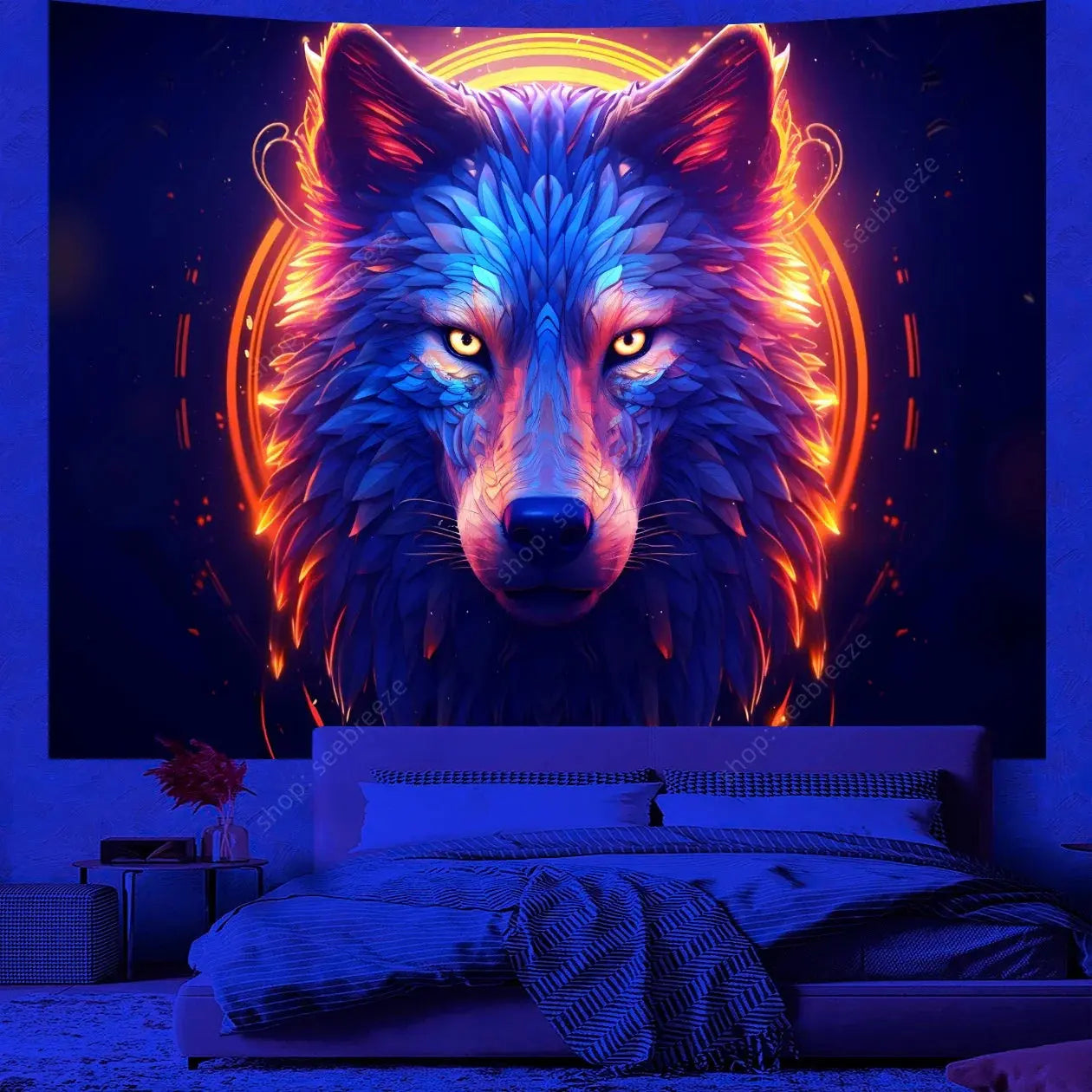 Psychedelic Wolf Wall Tapestry – UV Reactive Art Decor