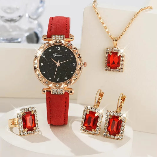Women’s Rhinestone Quartz Watch Set With Leather Band