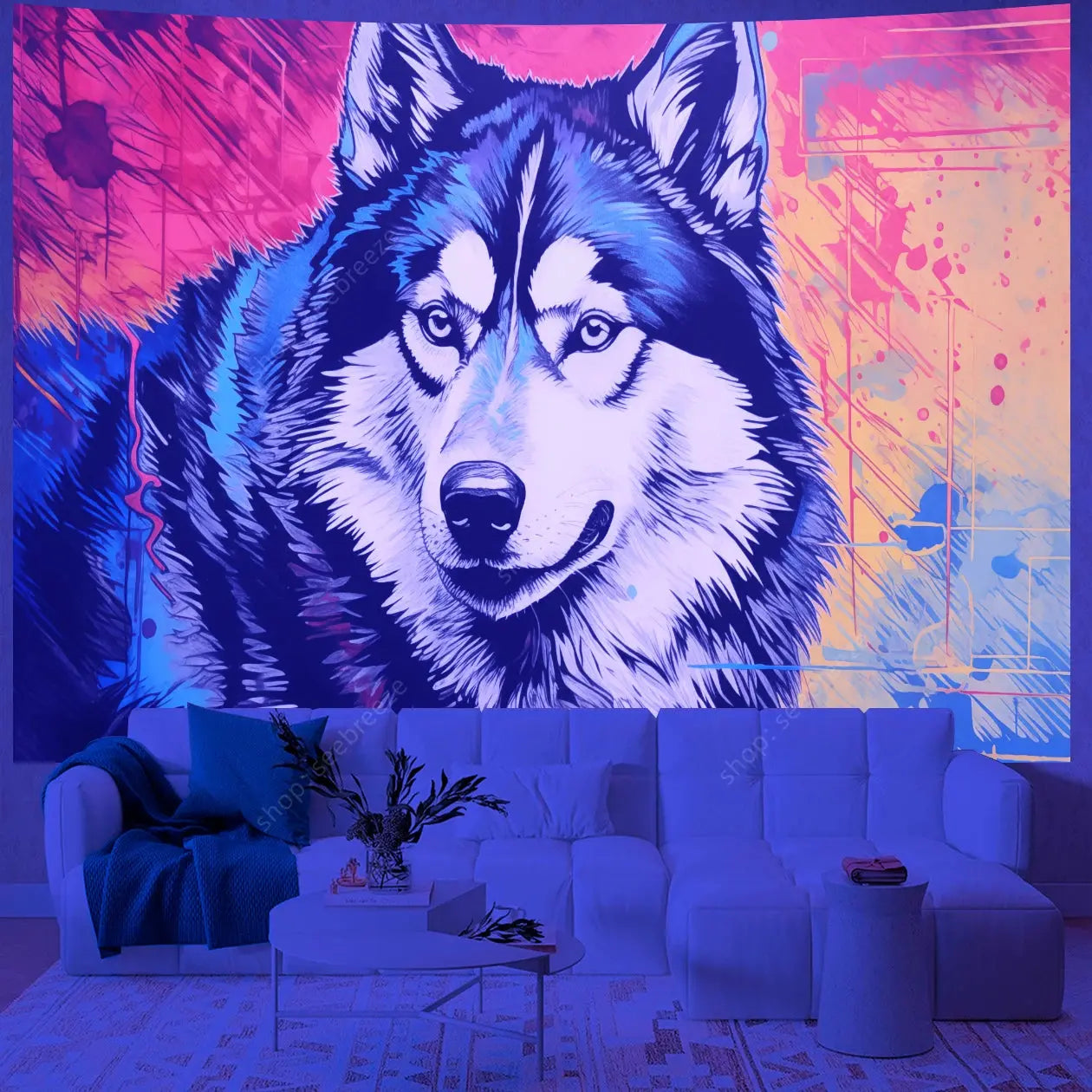 Psychedelic Wolf Wall Tapestry – UV Reactive Art Decor