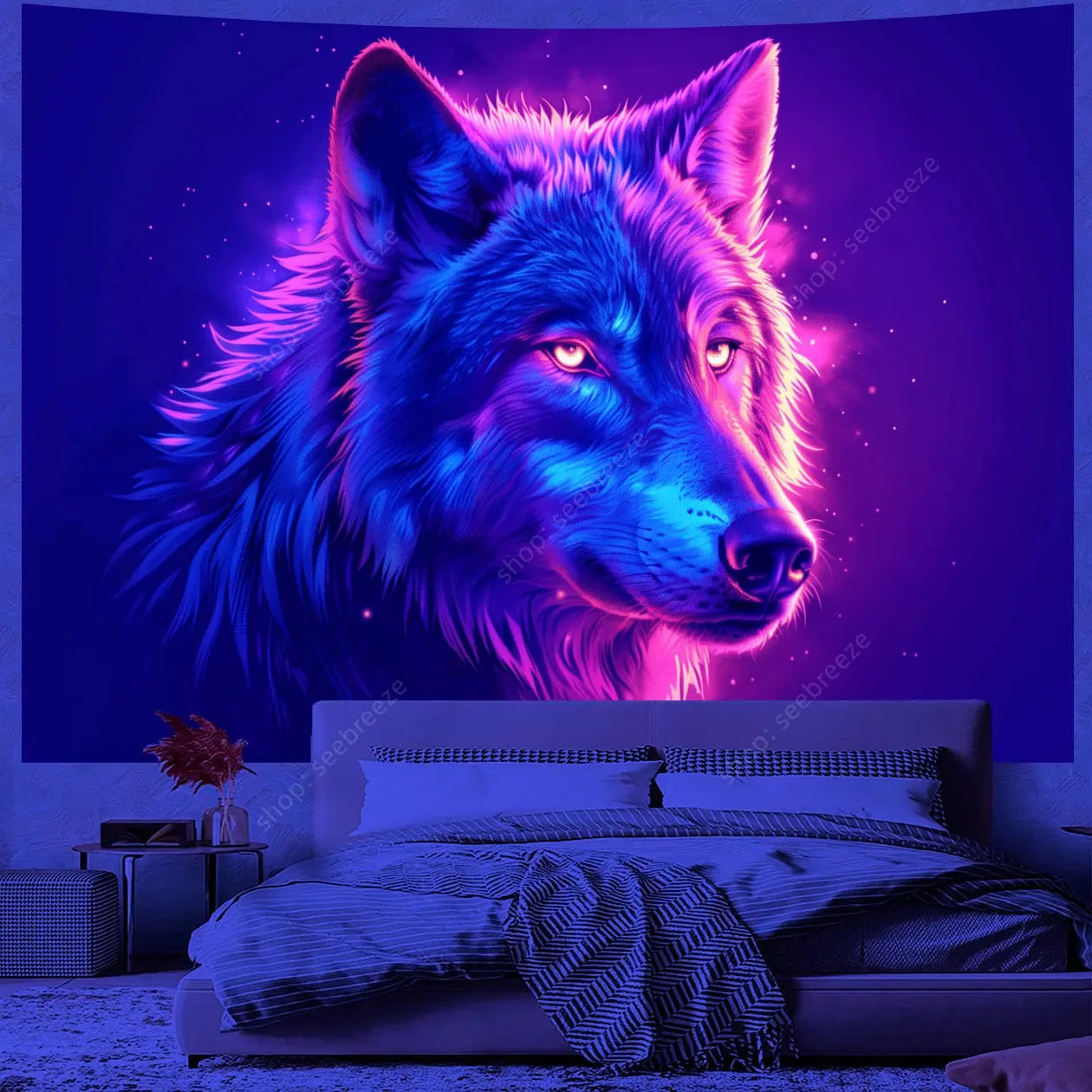 Psychedelic Wolf Wall Tapestry – UV Reactive Art Decor