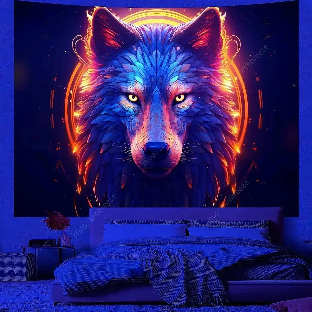 Psychedelic Wolf Wall Tapestry – UV Reactive Art Decor