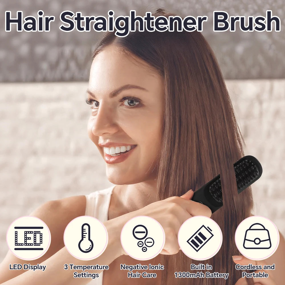 Rechargeable Ionic Hair Straightener Brush – 3 Heat Settings
