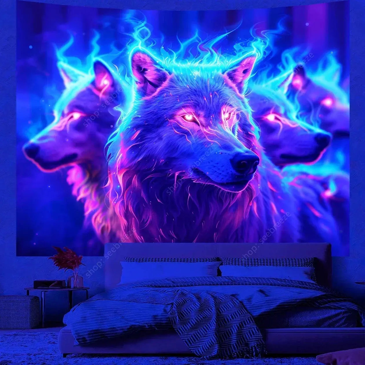 Psychedelic Wolf Wall Tapestry – UV Reactive Art Decor