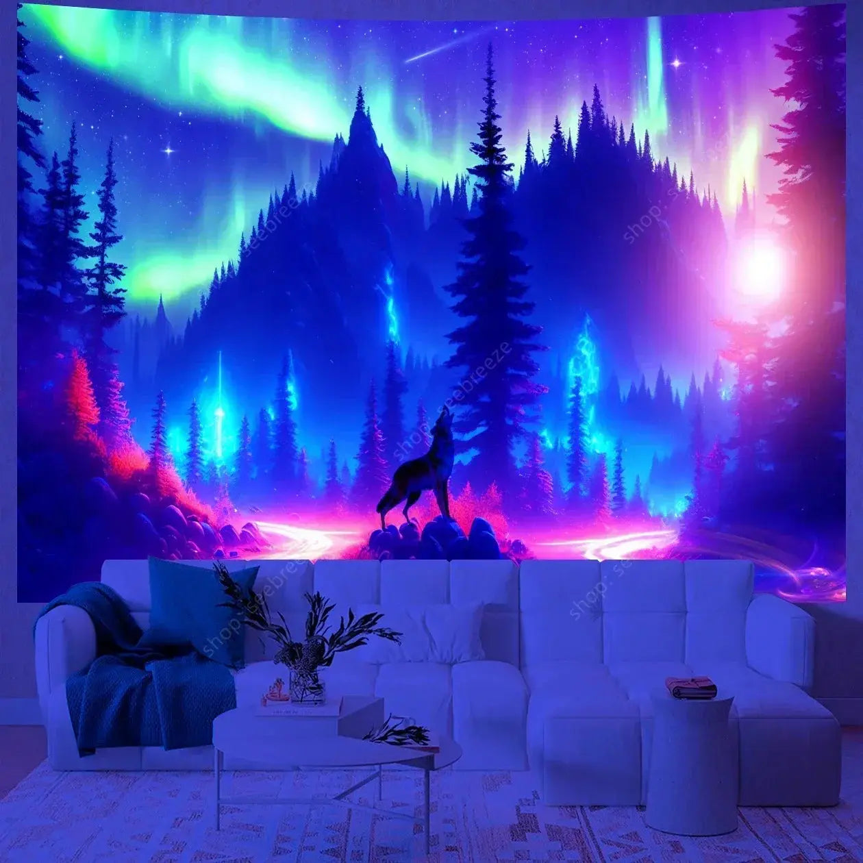 Psychedelic Wolf Wall Tapestry – UV Reactive Art Decor