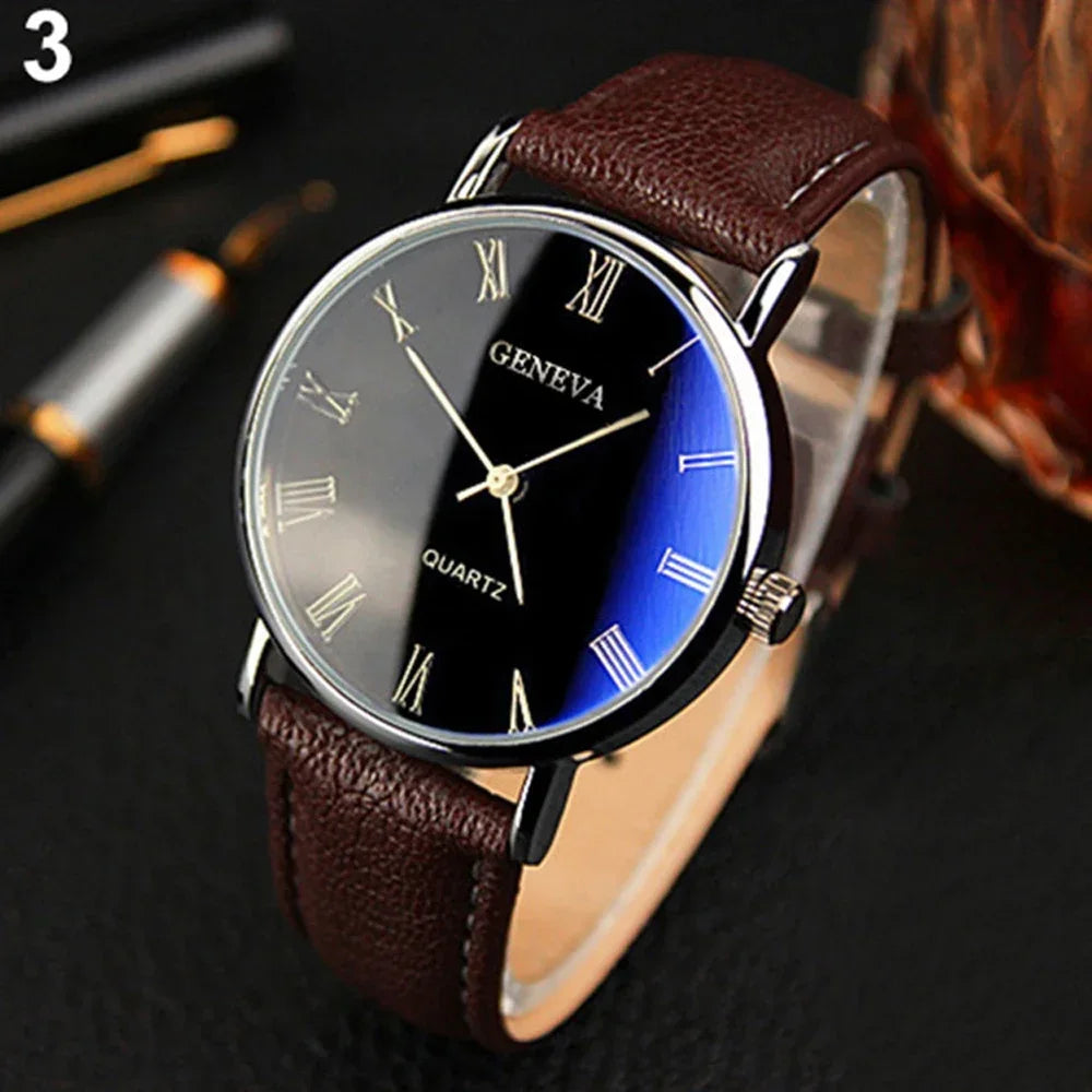 NOVIXA Classic Vintage Men's Watch — Roman Numerals, Blu-Ray Glass & Leather Strap
