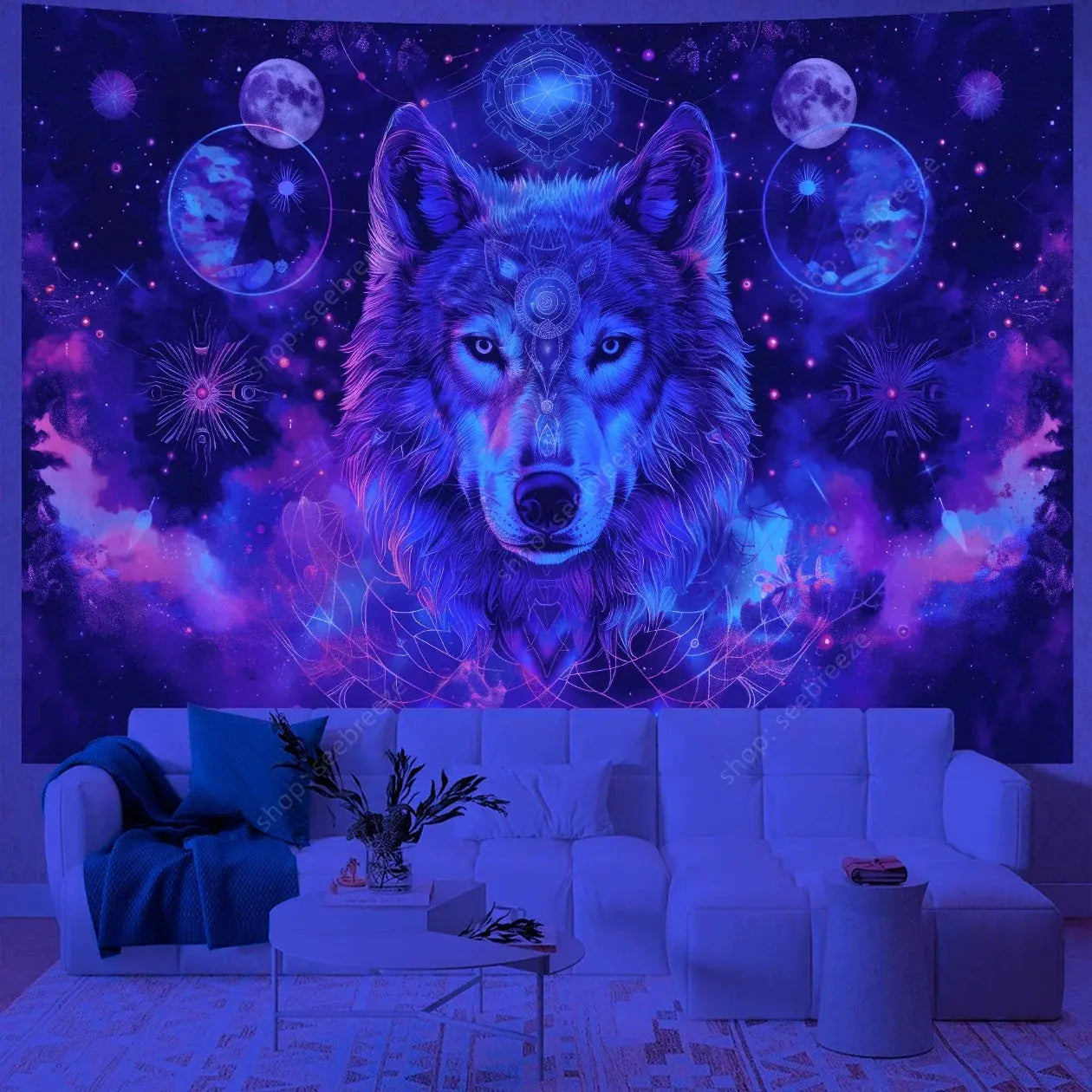 Psychedelic Wolf Wall Tapestry – UV Reactive Art Decor